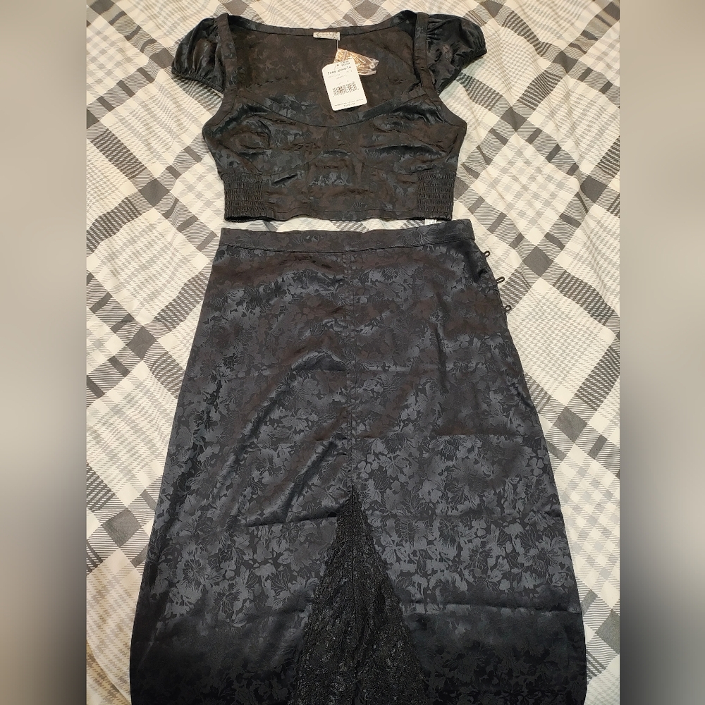 Free People satin lacy skirt and crop top set